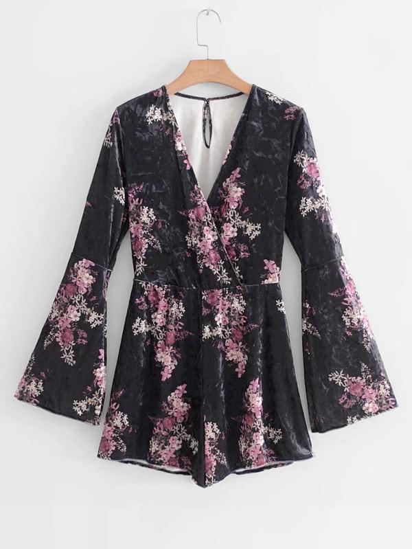 Romwe Bell Sleeve Velvet Floral Romper