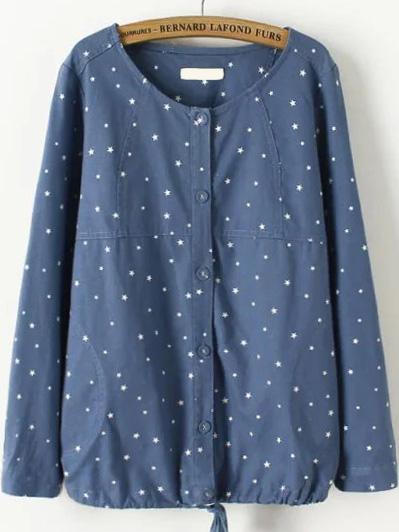 Romwe Round Neck Stars Print Drawstring Coat