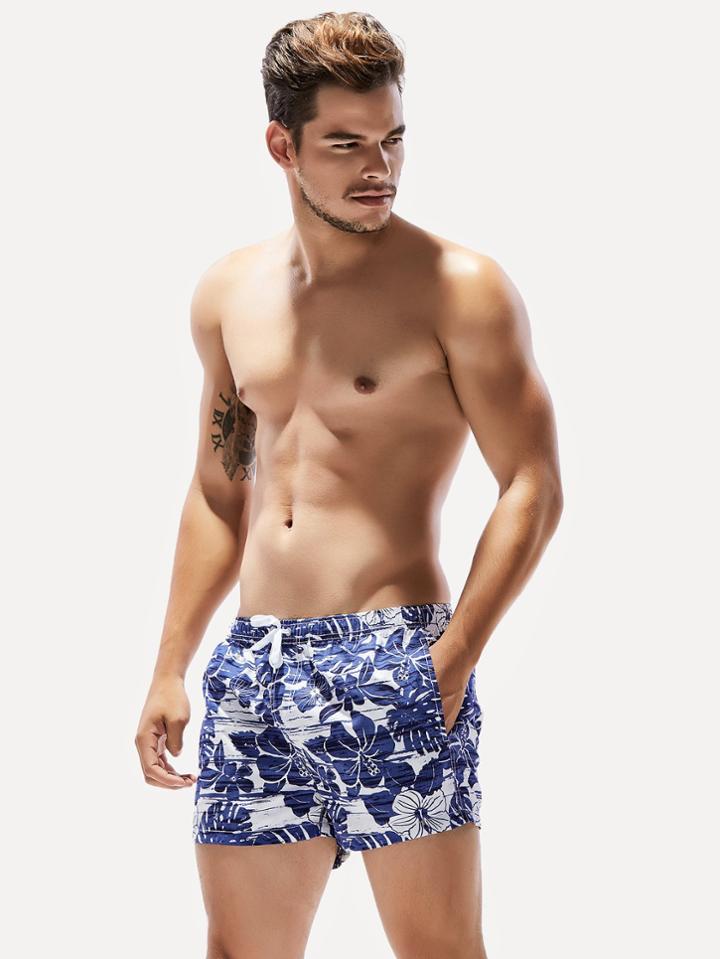 Romwe Men Jungle Print Drawstring Beach Shorts