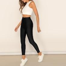 Romwe Buttoned Waist Solid Crop Leggings