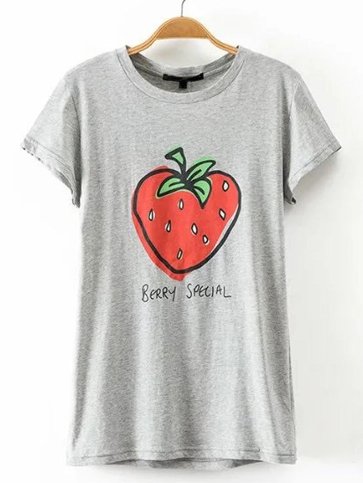 Romwe Strawberry Print Cute Tee
