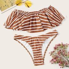 Romwe Striped Flounce Bardot Bikini Set