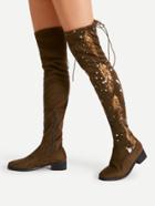 Romwe Feather Pattern Lace Up Thigh High Boots