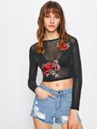 Romwe Rose Patch Sheer Shiny Crop T-shirt