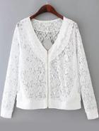 Romwe V Neck Zipper Lace White Coat