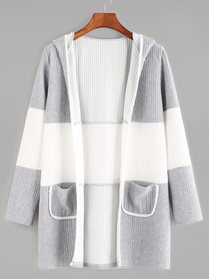 Romwe Pale Grey Contrast Dual Pocket Front Hooded Coat