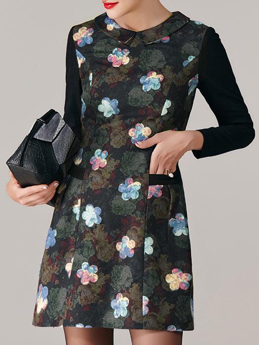 Romwe Multicolor Lapel Long Sleeve Print Pockets Dress