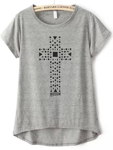 Romwe Dip Hem Cross Print Grey T-shirt