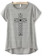Romwe Dip Hem Cross Print Grey T-shirt