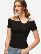Romwe Black Asymmetric Strap Off The Shoulder T-shirt