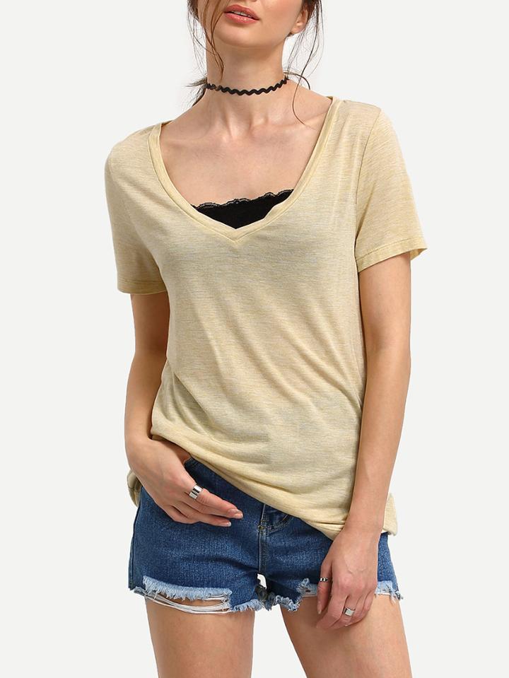 Romwe Apricot V Neck Short Sleeve Casual T-shirt