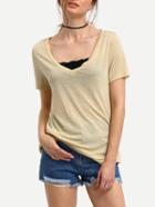 Romwe Apricot V Neck Short Sleeve Casual T-shirt