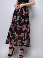 Romwe High Waist Rose Print Pleated Black Skirt