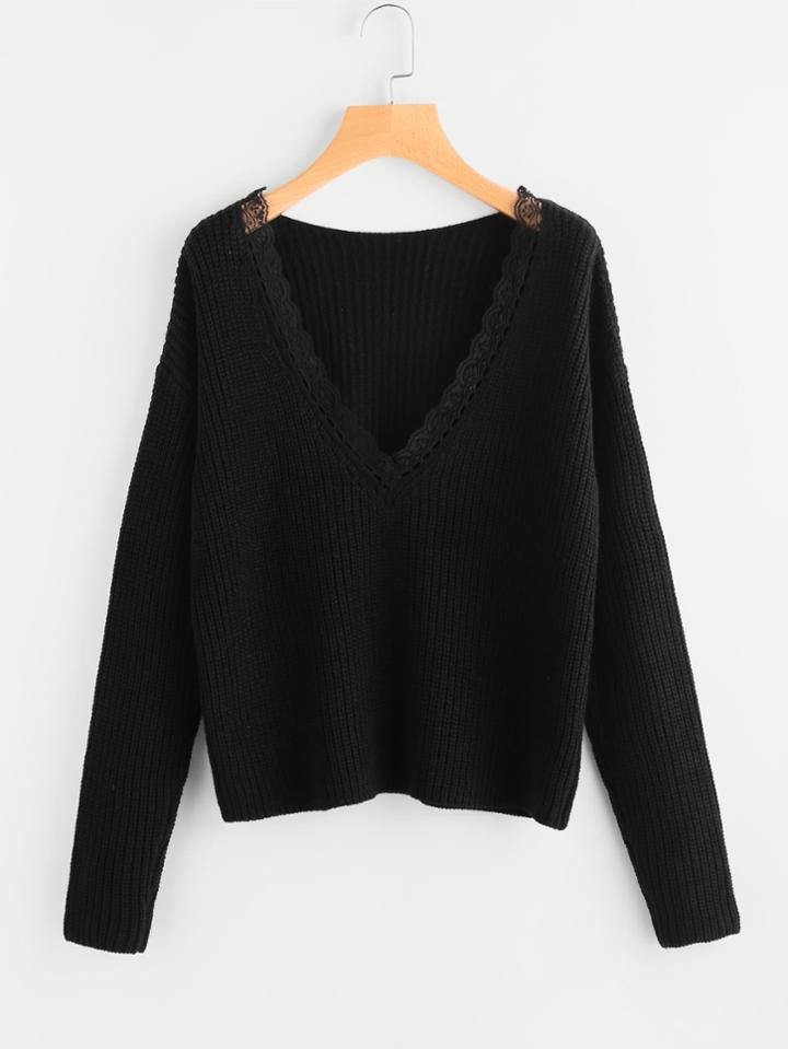 Romwe Lace Trim Plunge Neck Jumper