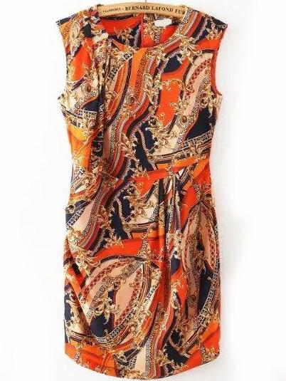Romwe Sleeveless Florals Flounce Orange Dress