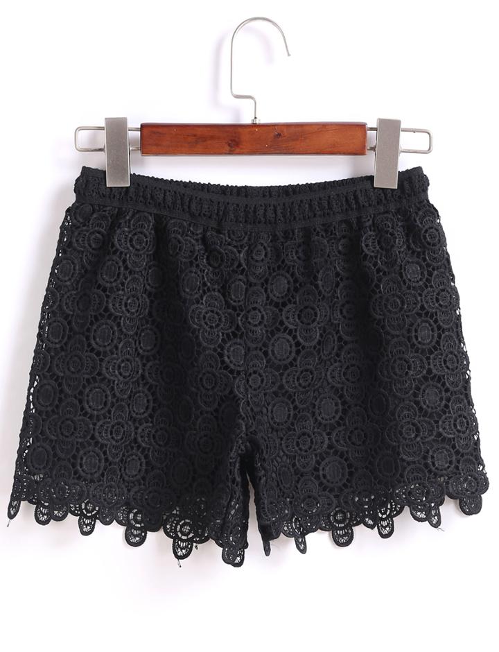 Romwe Elastic Waist Lace Embroidered Black Shorts