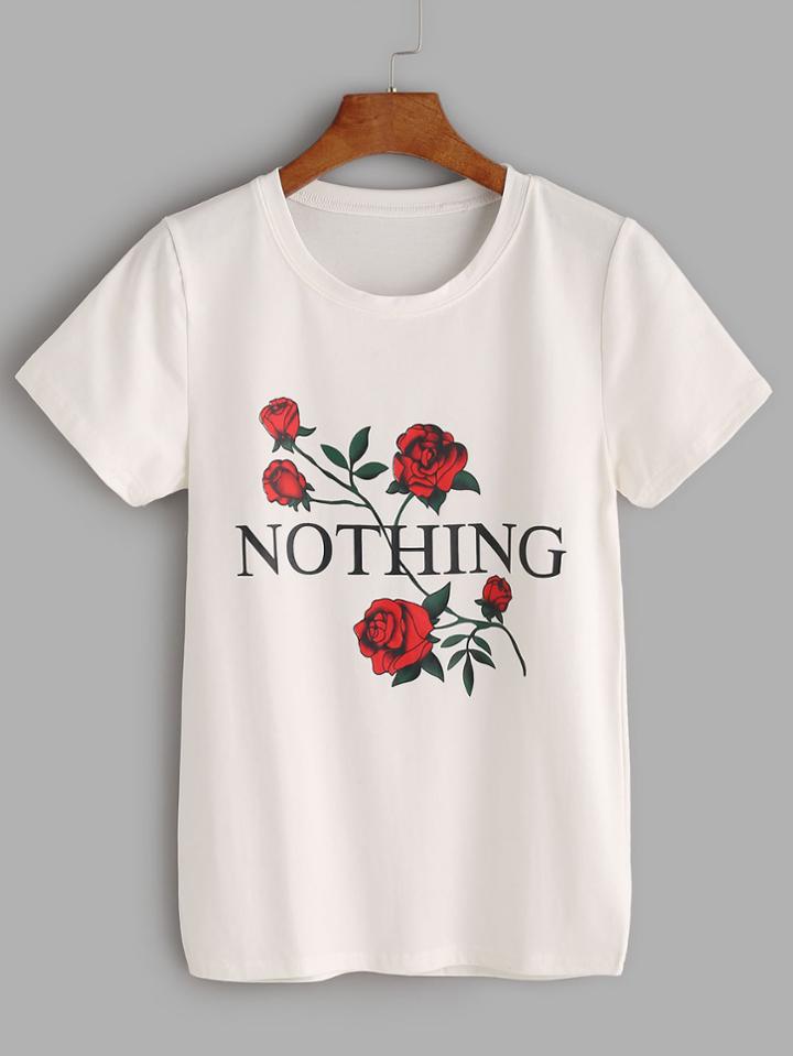 Romwe White Flower Letter Print T-shirt