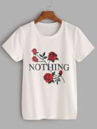 Romwe White Flower Letter Print T-shirt