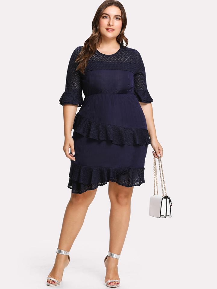 Romwe Lace Panel Ruffle Trim Dress