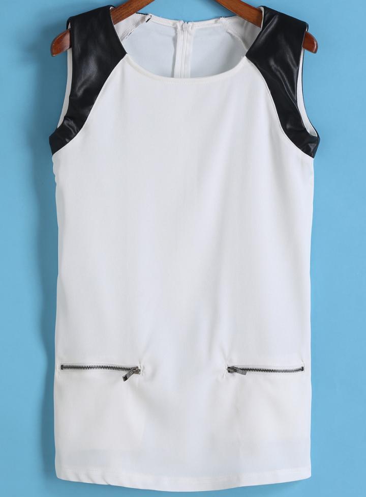 Romwe Contrast Pu Leather Zipper Pockets Dress