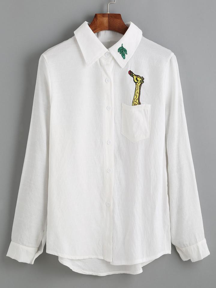 Romwe White Giraffe Embroidered Dip Hem Shirt