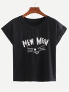 Romwe Cat Print Rolled Sleeve T-shirt - Black