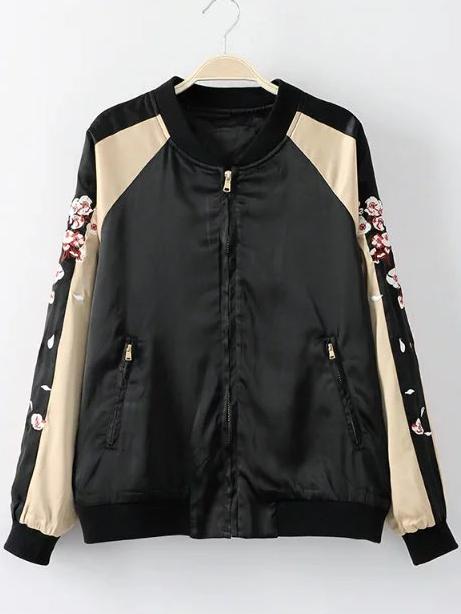 Romwe Black Sika Deer Embroidery Pocket Jacket