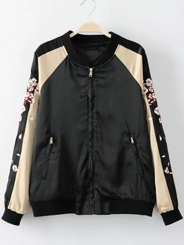 Romwe Black Sika Deer Embroidery Pocket Jacket