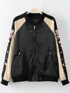 Romwe Black Sika Deer Embroidery Pocket Jacket