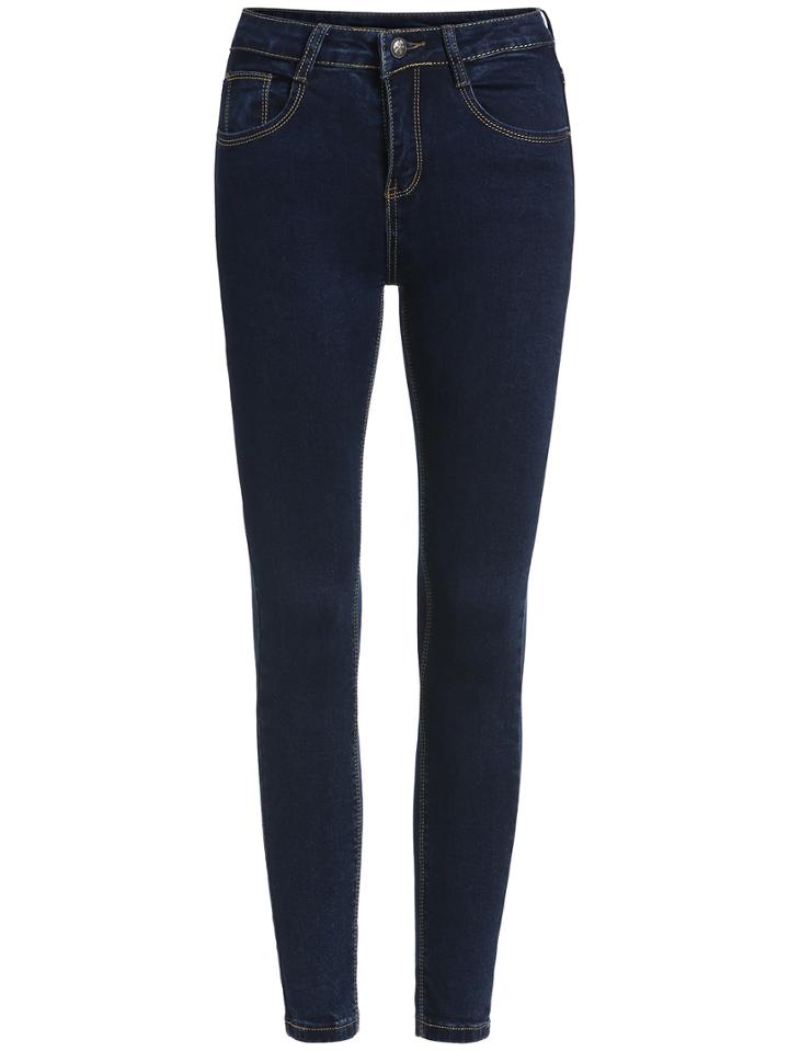 Romwe Pockets Denim Slim Navy Pant