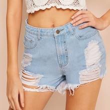 Romwe 5 Pockets Light Wash Ripped Denim Shorts