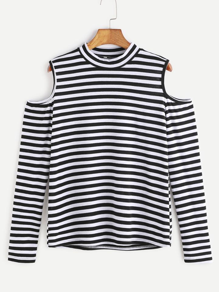 Romwe Black And White Striped High Neck Open Shoulder T-shirt