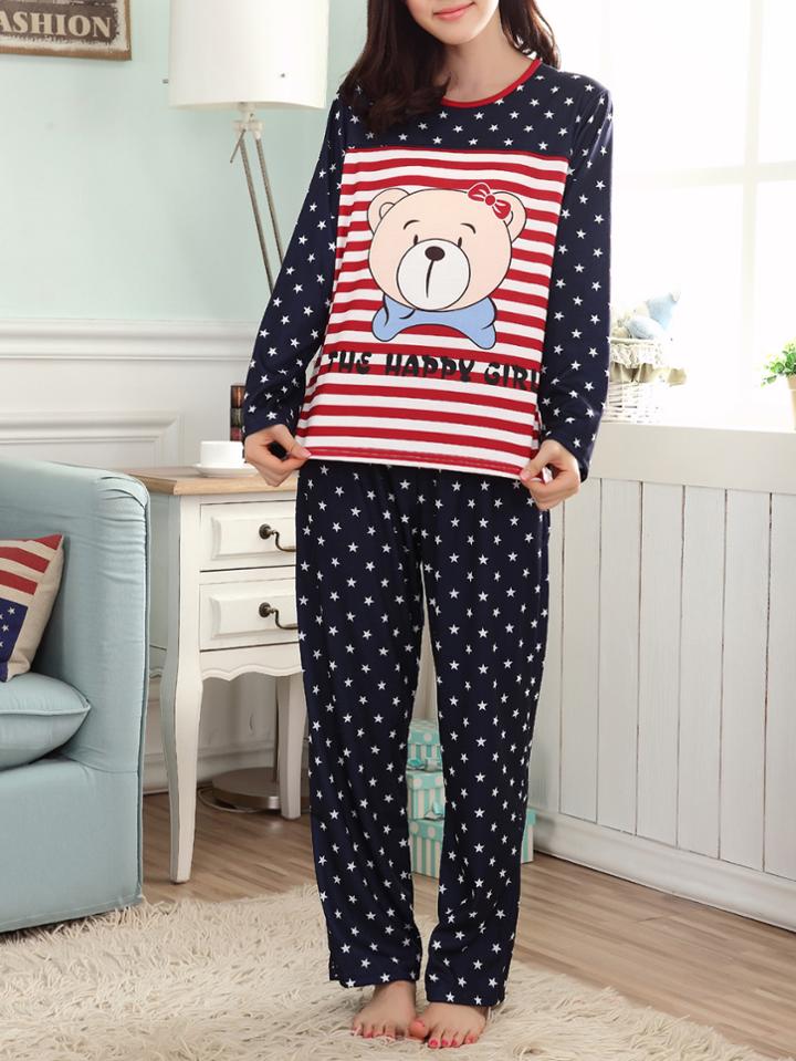 Romwe Cartoon Print Stripe Tee & Pants Pj Set