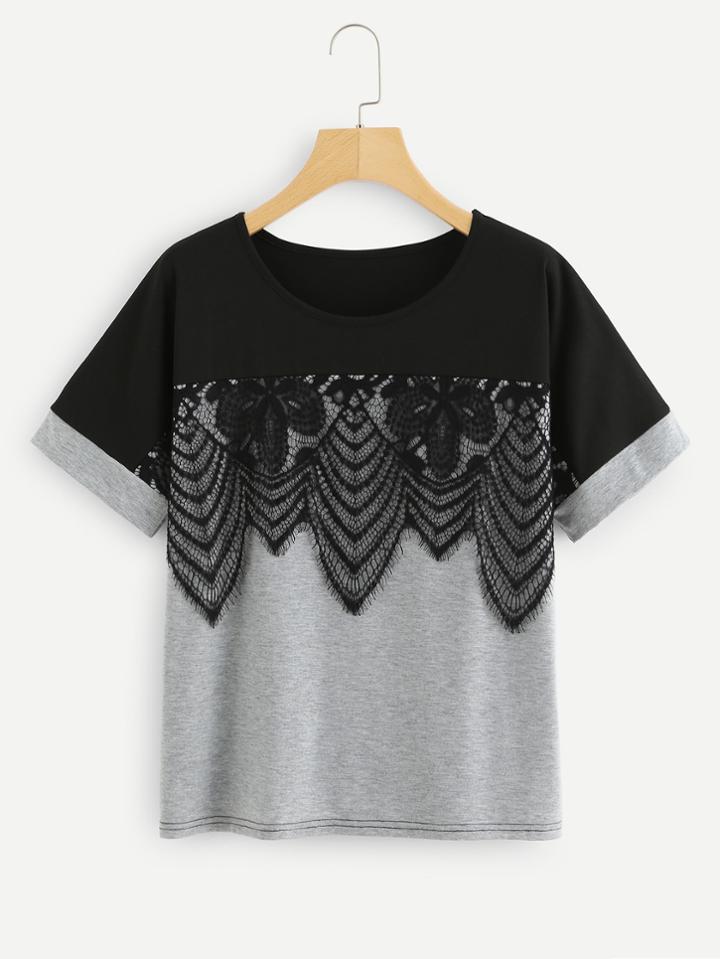 Romwe Lace Applique Two Tone T-shirt