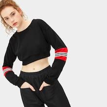 Romwe Striped Tape Panel Crop Sweatshirt