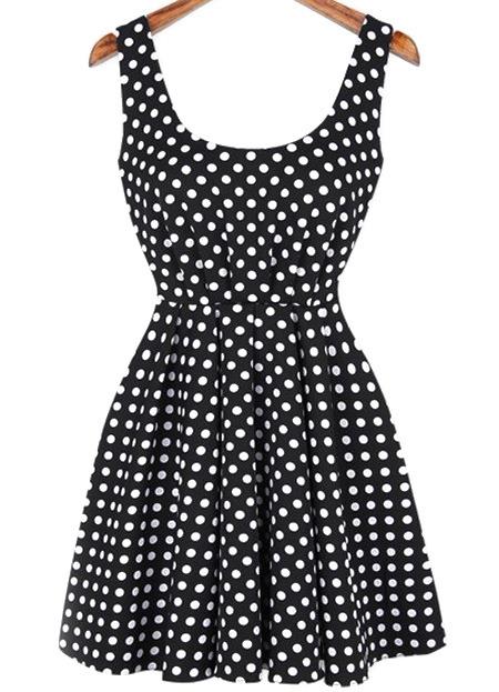 Romwe Scoop Neck Polka Dot Bow Black Dress