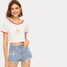 Romwe Sun Embroidery Contrast Binding Crop Tee