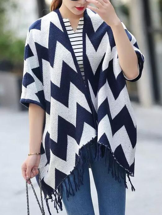 Romwe Blue White Chevron Fringe Poncho Sweater