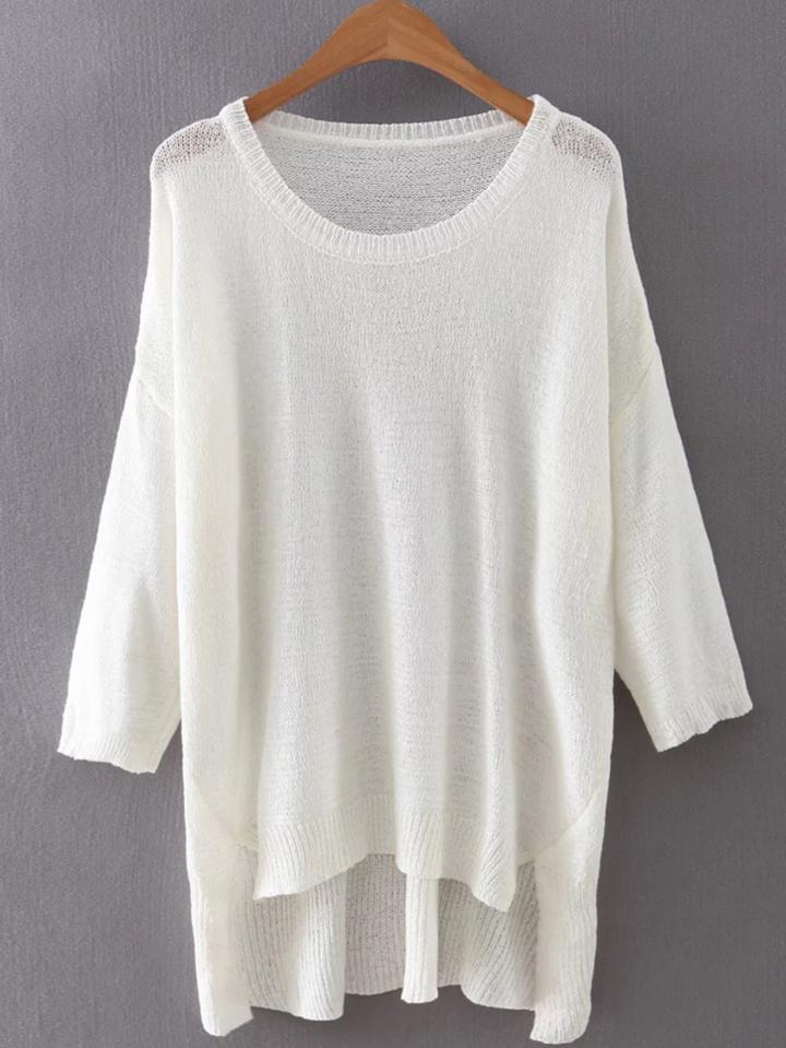 Romwe White High Low Plain Knitwear