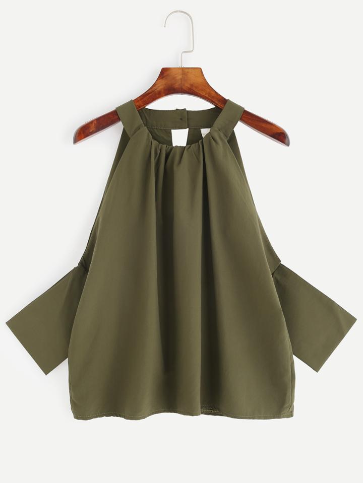 Romwe Olive Green Cold Shoulder Halter Neck Top