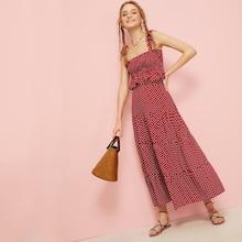 Romwe Polka Dot Print Ruffle Hem Top With Skirt