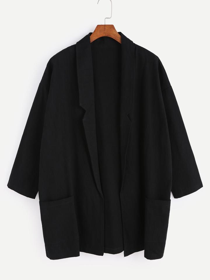 Romwe Black Drop Shoulder Shawl Collar Pockets Coat