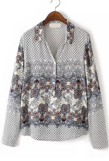 Romwe Lapel Long Sleeve Geometric Print Blouse