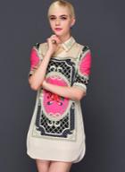 Romwe Apricot Lapel Short Sleeve Vintage Print Dress