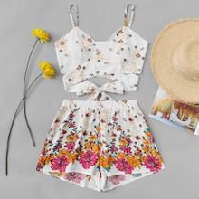 Romwe Knot Detail Floral Cami With Shorts