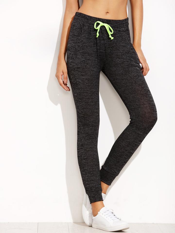 Romwe Black Marled Knit Skinny Drawstring Jersey Pants