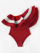 Romwe Color Block One Shoulder Flounce Swimsuit