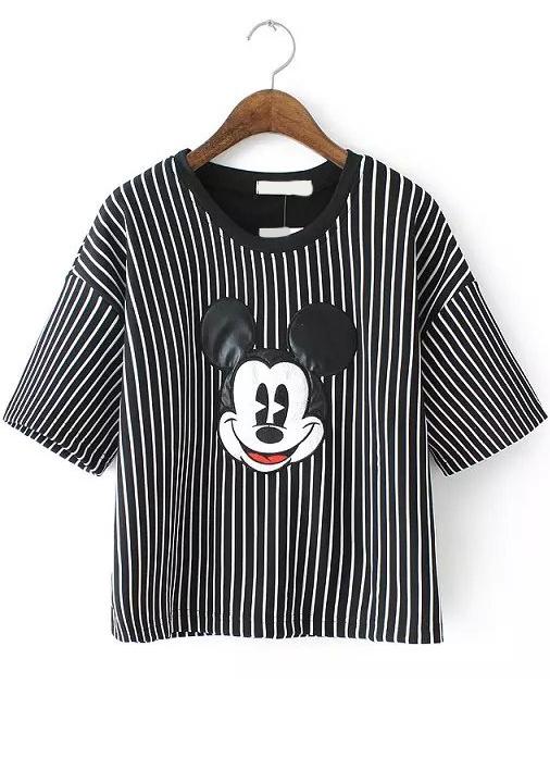 Romwe Vertical Striped Mickey Pattern Grey T-shirt