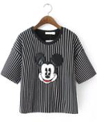 Romwe Vertical Striped Mickey Pattern Grey T-shirt