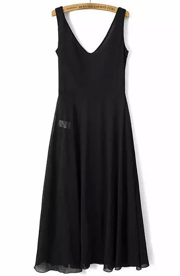 Romwe Black V Neck Sleeveless Backless Pleated Dress